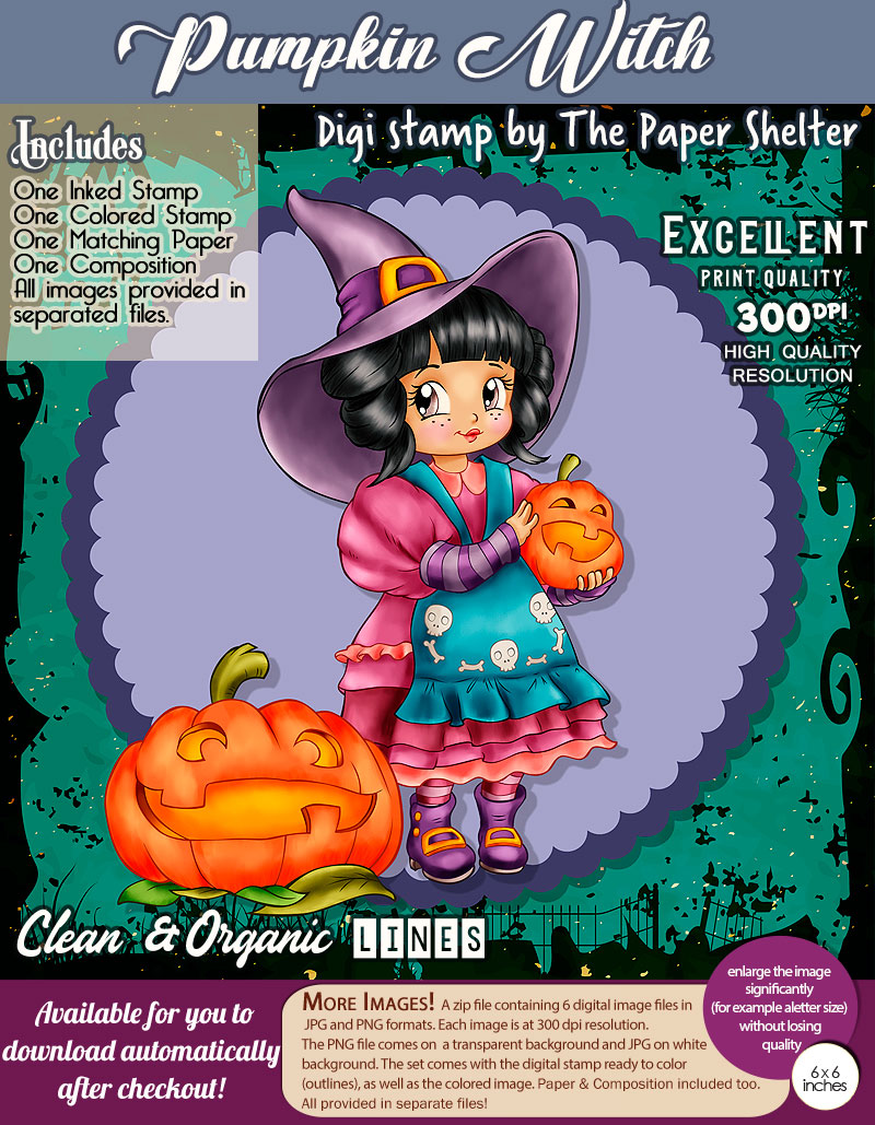 Pumpkin Witch - Digital Stamp - Click Image to Close