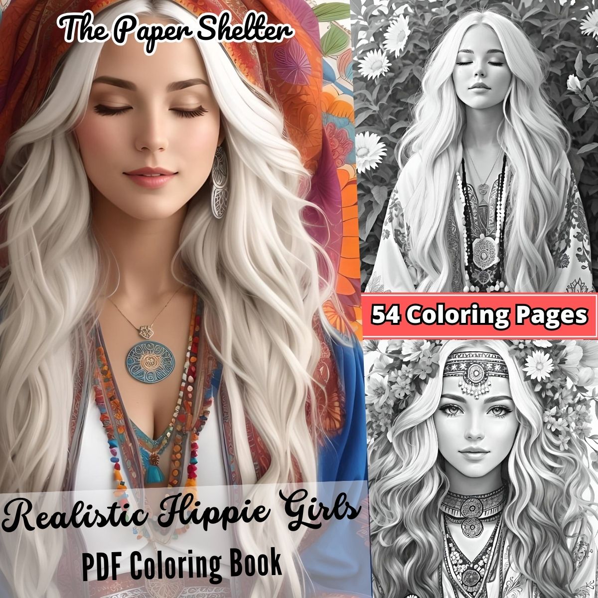 Realistic Hippie Girls - Digital Coloring Book - Click Image to Close